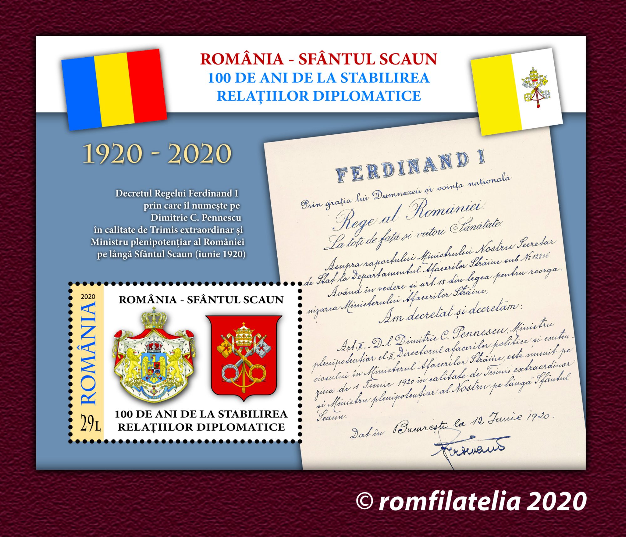 Time series Hymn border ROMÂNIA-SFÂNTUL SCAUN, 100 DE ANI DE LA STABILIREA RELAȚIILOR DIPLOMATICE –  Romfilatelia – O lume intr-un timbru